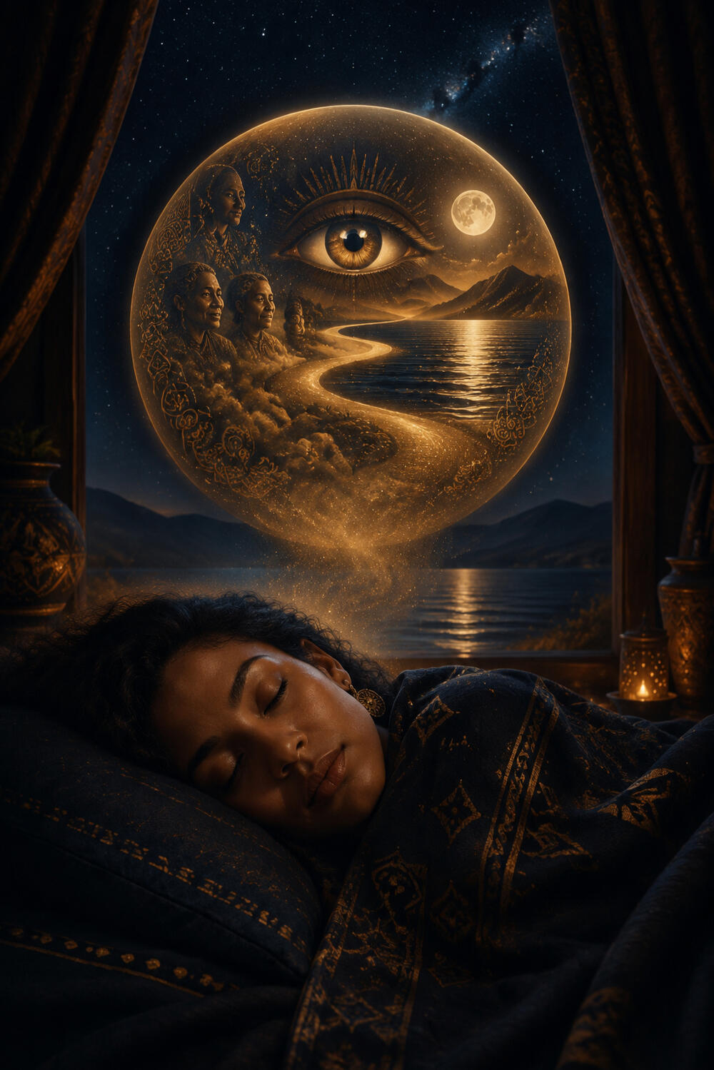 WOMAN NESTLED IN HER BED SLEEPING COMFORTABLY AS THE ANCESTORS AND THE ALL SEEING EYE WATCHES