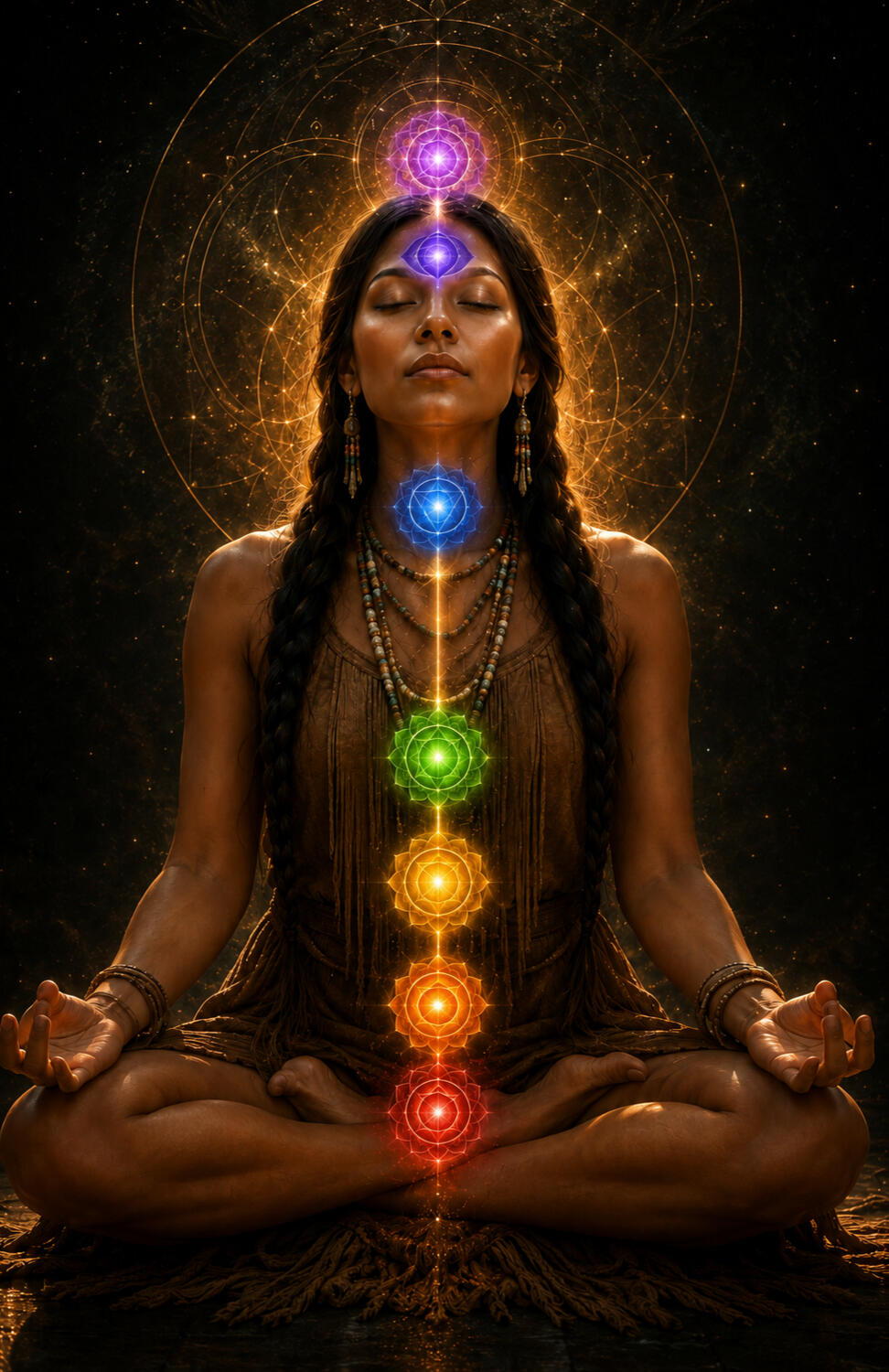 WOMAN SITTING IN LOTUS POSITION AS THE MAIN 7 CHAKRAS ARE ILLUMINATED.
